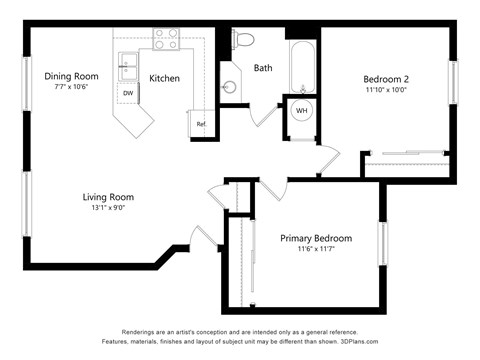 Floor plan for 2 beds, 1 bath, 1000 sqft